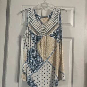Loveappella MacKinley Crochet Yoke Knit Top Blue And Mustard Size XXL
and Cream